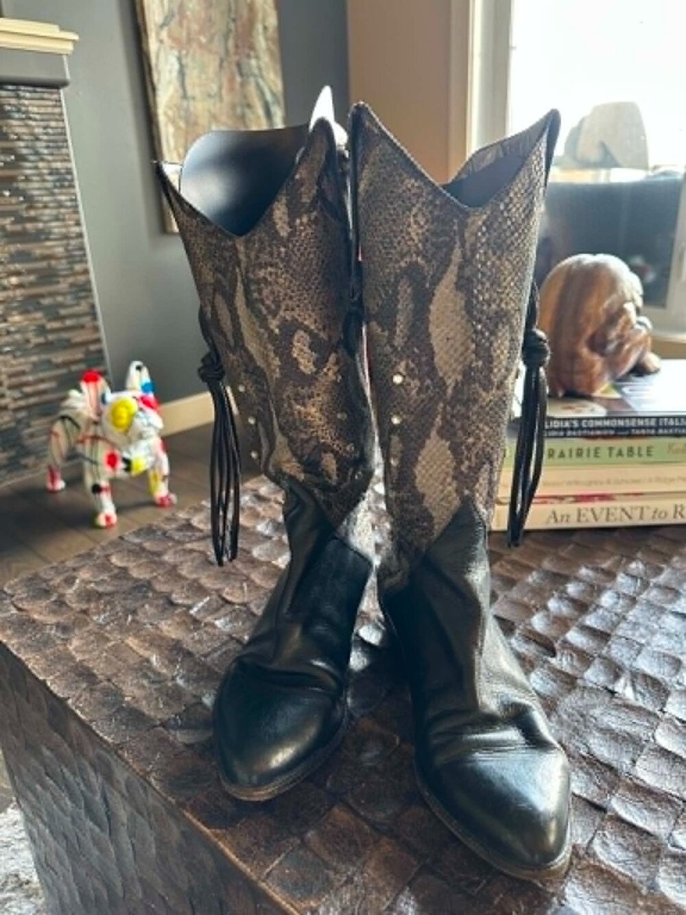 Rare Vintage René Snakeskin, Leather & Southwestern Tapestry Cowboy Boots